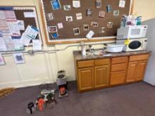 Pair of microwaves, Bunn coffee maker and warming pad, wall mount cabinet set - athletic office