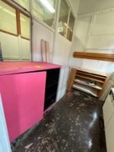 Metal cabinet with key, wood shelf with construction paper and materials - 1117
