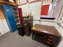 2 file cabinets, metal storage locker, office desk - 1117
