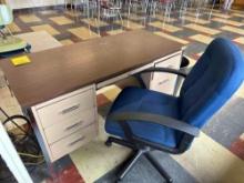 metal teachers desk, blue office chair, work desk with electric outlet - Rm 1108