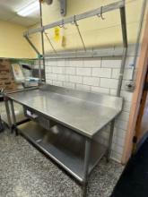 Stainless steel workstation table with pot holder and pull out storage tray - Cafeteria