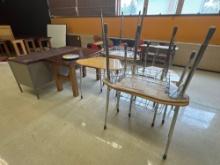 Eight adjustable student desks, work table, metal teacher desk, clock - Rm 1114