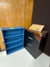 Wood shelf, metal 3 drawer dresser, reading lectern - 1114