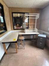 Two work tables, two drawer file cabinet, stool, rack - Rm 1114