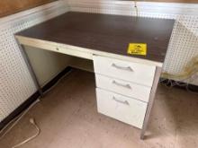 Two Metal desks, stack chairs, two four drawer file cabinets, storage bins - Rm 1114