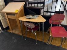 Lectern Podium, student desk, stack student chairs, hp laptop - Gymnasium