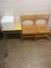 Small kids desk, 2 wood chairs styrofoam cooler - hallway outside gym