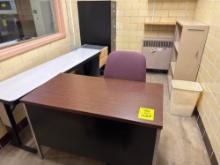 Metal desk, desk chair, chair, long work table, two drawer file cabinet, metal five drawer file