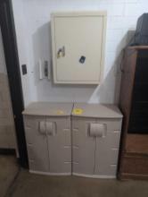 Pair of plastic storage cabinets and lockable cabinet with key, room 2106