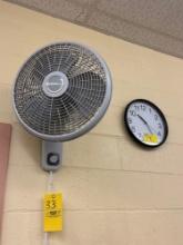 4 Lasko wall mount fans and 3 Quartz wall clocks Cafeteria