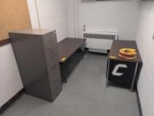 Metal desk, file cabinet, folding table, room 2103