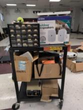 Outdoor speakers, ceiling speakers, voice amplifier, hardware bin, AV cart, room 1201