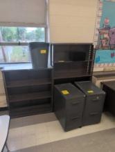 Metal shelves, 2 drawer files and trash can, room 1304