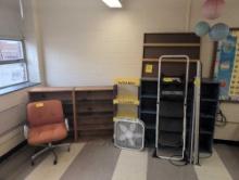 Projector screens, bookcases, fan and office chair , room 1304