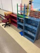 Various wood shelves, padded roller chair, large rugs, 80s magnavox tv - 1304