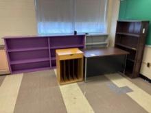 Teacher Desk with Chair, Wooden Book Cases, Wooden Organizer, (2) Metal Shelves - Room 1307