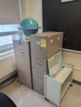 Metal file cabinets, book cart and Globe, room 2307