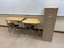 (2) Student Desks with Chairs, Filing Cabinet, Whiteboard, Pin Board - Room 2310
