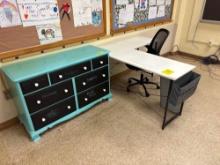 L Shapes Teacher Desk with Chair, Chalk Board Front Painted Dresser - Room 2310