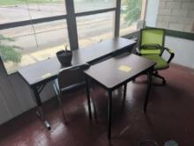 Narrow folding table, chairs and table, white board and green boards room 2106