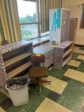 Wood shelves, metal file cabinet, metal locker, chair, desk - 2105