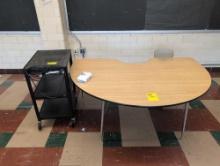 Half round activity table and AV cart, pull down screen, desk and table room 2104
