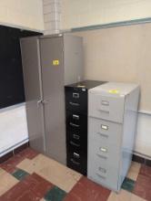 Metal 2 door cabinet, 2 metal file cabinets , room 2104