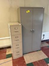 Wood shelf on wheels, metal desk, file cabinet, metal storage locker - 2103