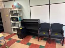 Black Upholstered Chairs, Shelving Units, Filing Cabinet, Two Door Metal Cabinet, Globe - Room 2102