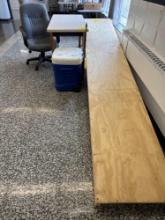 Igloo Ice Cube cooler on wheels, table and office chair, wood ramp - cafeteria