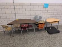 Hexagon top table, student chairs, fan and foam pads, hallway