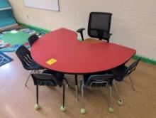 Half round activity table with 5 youth chairs and 1 office chair, room 1505