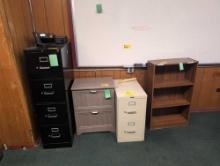 Metal file cabinets, bookcase and 2 drawer modern stand, room 1401