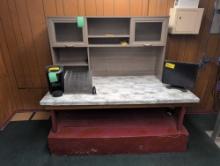 Desk top, screen and Keurig, room 1401