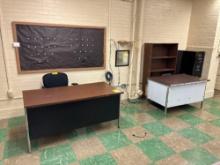 Metal Desks, Office Chairs, Book Shelf, Filing Cabinet, Two Door Cabinet, Waste Bins - Room 1409