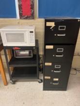 2 Desks, 2 office chairs, 2 tables, metal file cabinet, utility cart, microwave, toaster oven - 1408