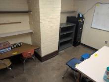 Contents of 1403 room, Chairs, hexagon table file cabinet and shelf