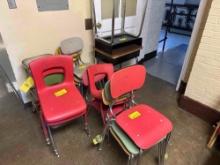 assorted chairs, stool and desk - basement hallway