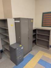 Metal shelves, 2 door cabinet and file cabinet , room 2406