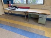 Plastic Folding Table, Metal Desk, Mini Fridge - Room 3414