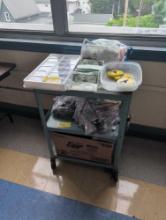 AV cart with child's play money, room 3401