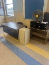 Desk, padded chair, file cabinet, organizer, fan, shelf- 3404