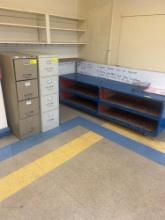 2 metal file cabinets and wooden shelf on wheels - 3405