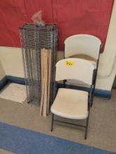 Metal wire rack shelves and 2 Lifetime folding chairs, room 3410