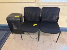 (2) Upholstered Chairs, Paper Shredder, Pull Down Screen - Room 3411