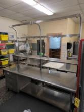 Stainless steel 3 drawer work station with above pot rack, Cafeteria