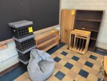 Wood shelves, bean bag, crate stools, room 1508