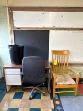 Metal desk, office chair and wood chair