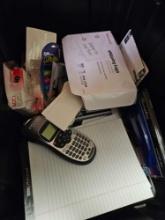 Tote of desk items, paper, tags