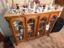 Oak Glass Door Cabinet & Contents Cups & Saucers